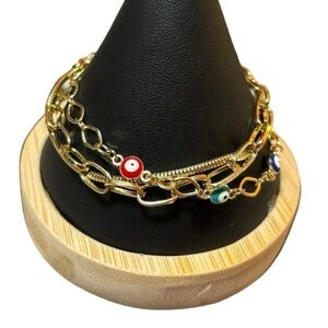 NEW Triple Strand Gold Evil Eye Chain Link Bracelet 7" with 2" Extender